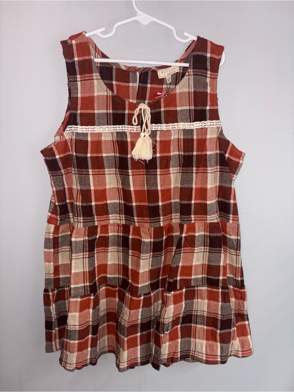Hayden Plaid Tassel-Trim Sleeveless Dress in Rust & Cream